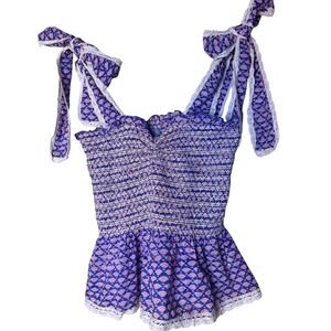 Ella‎ Gray Womens Blue Pink Block Print Smocked Peplum Tie Strap Lace Top Large